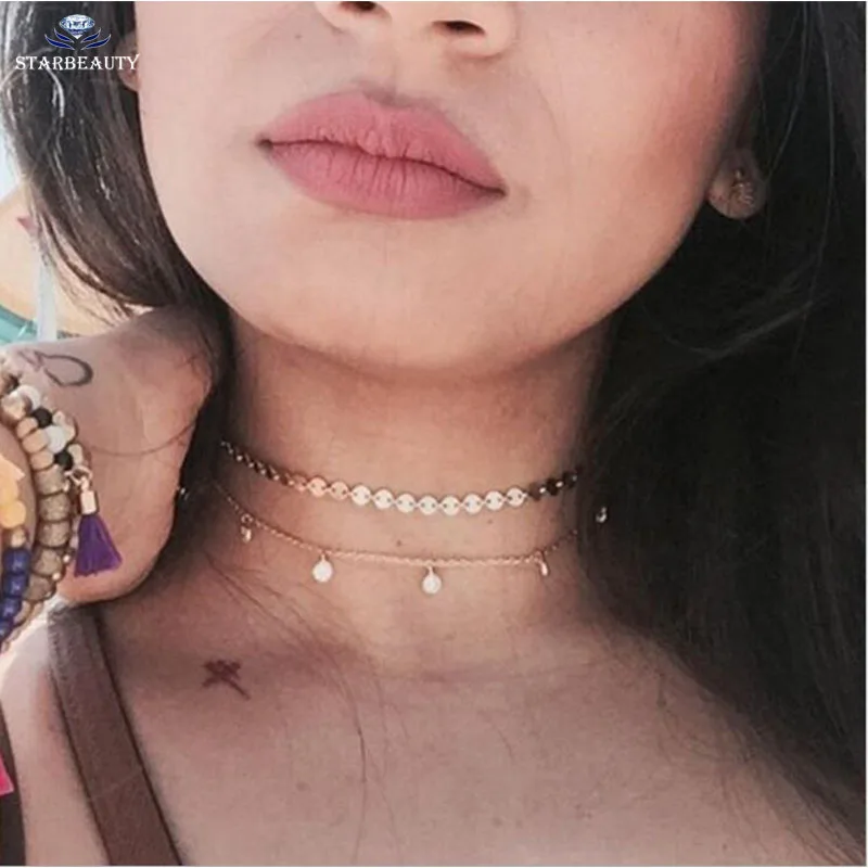 

Multilayer Imitation Pearls Pendant Simple Disk Necklace Woman Choker Necklaces Round Tablets Layered Necklace