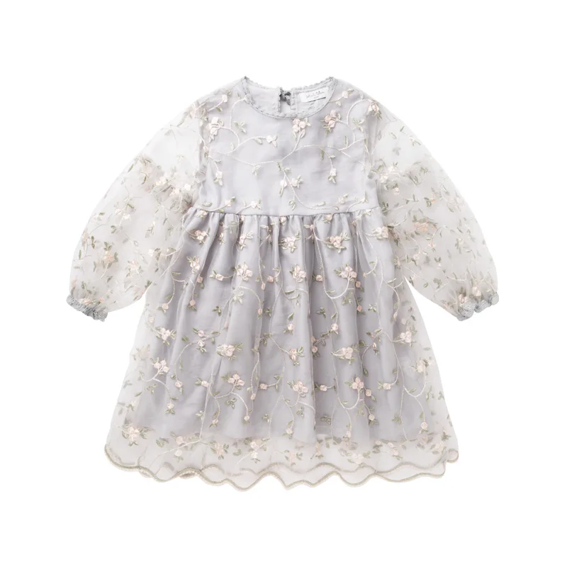 

voro beve 2018 Baby Girls full Sleeve Dress Kids Clothes Girls crew collar mesh Flowers Embroidery Lacing princess lace Dresses