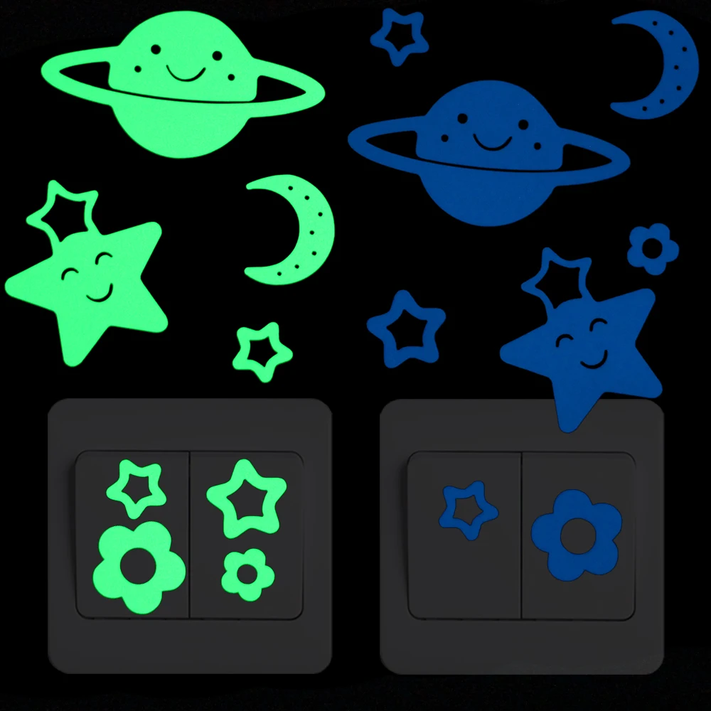 

Cartoon Smile Planet Stars Flowers Luminous Switch Sticker Glow in the Dark Wall Decoration Sticker Kids Room DIY Decor Stickers