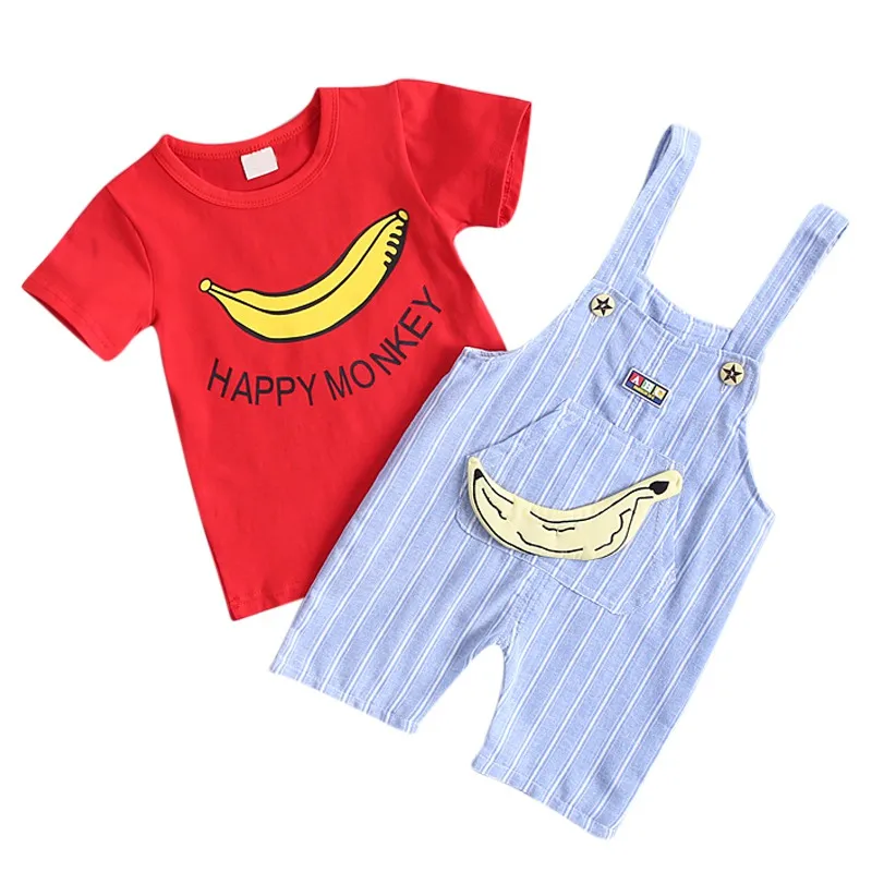

Kids Girls Short Sleeve T-shirt Summer with Banana Print Stripe Strap Pants 2Pcs Outfits Set Cotton Casual Cute Sets 1-4Y