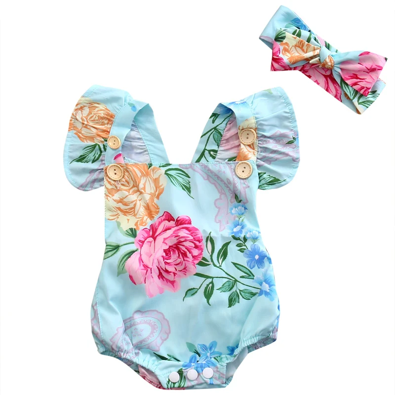 2018 Lovely Newborn Baby Girl Clothes Floral Sleeveless Cotton Romper Jumpsuit Headband Outfits Sunsuit bulk baby bodysuits	 Baby Rompers