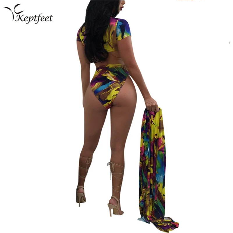 

Short Sleeve Crop Top Bikini Set With Cover Up 3 Piece Set Swimsuit 2017 New Women Swimwear Summer Beach Monokini Push Up Bikini
