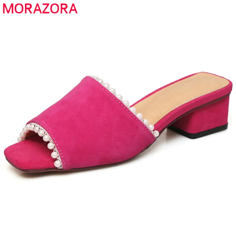 

MORAZORA 2019 hot sale suede leather women sandals pearl summer shoes solid colors square heels mules party prom shoes woman