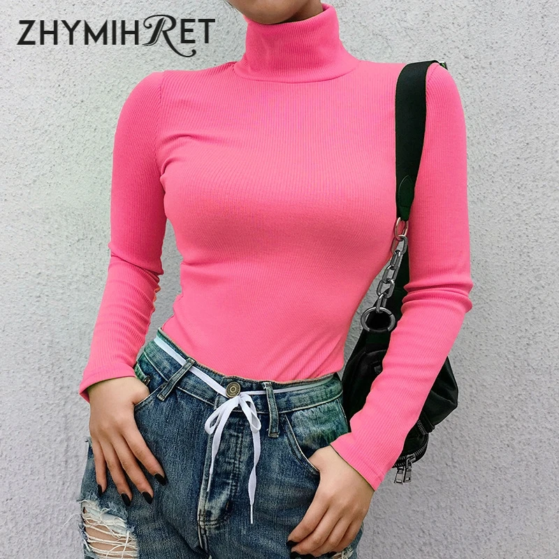  ZHYMIHRET 2019 Autumn Winter Neon Color Ribbed T Shirt Women Long Sleeve Turtleneck Tshirt Fashion 