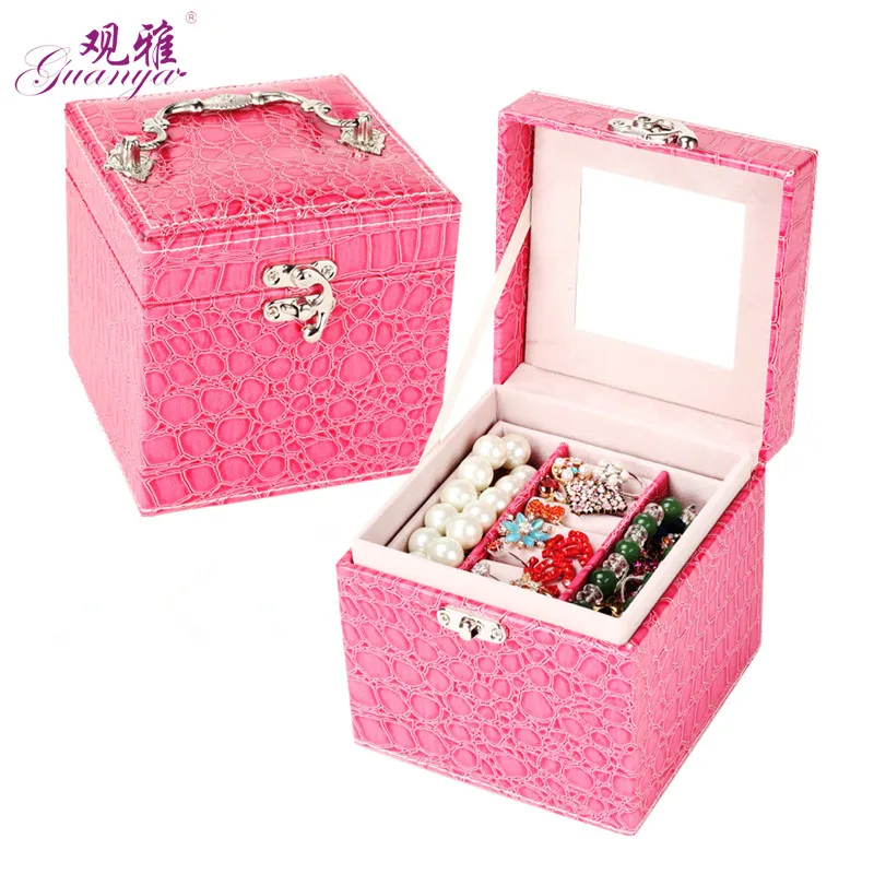 

Promotion Protable Leather Jewelry Box With Mirror 3 Trays For Holding Necklace Jewelry Box 6 Color Free Shipping