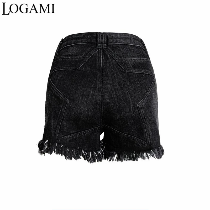 Logami Высокая Талия Джинсы для женщин Шорты для женщин Для женщин летом звезда рваные шорцев женские джинсовые короткие Feminino черный