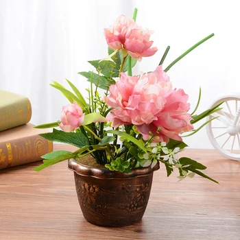 

Real Touch Artificial Peony Flowers + Vase Mini Flower Bonsai for Home Garden Decor Fake Flowers Artificial Plants Ornament