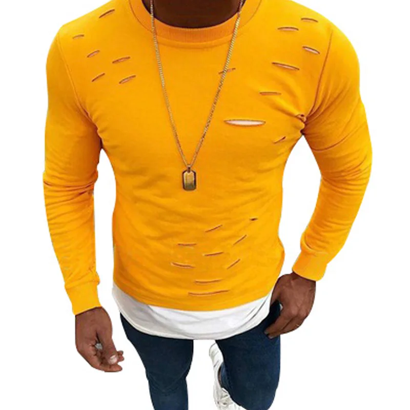 

2019 New Spring Fake Two Pieces Hole Irregular Mens T-Shirt Good Quality Patchwork Elastic Long Sleeve Male Solid O-Neck Tshirt