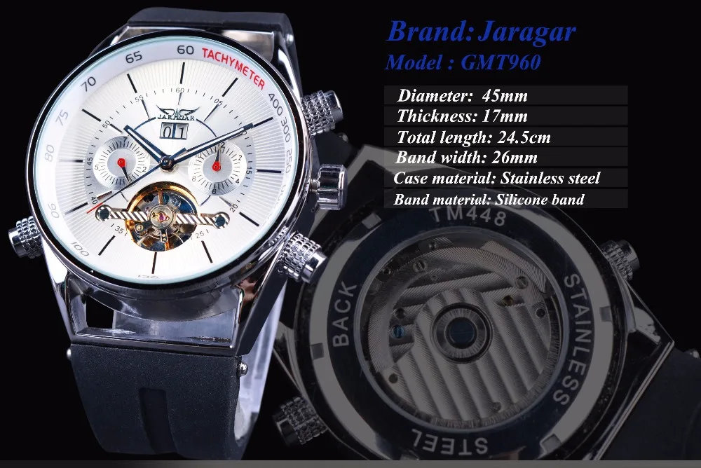 Jaragar Mens Watches Luxury Automatic Fashion Sport Watch Shark Lines Design Rubber Band Tourbillion Display Calendar