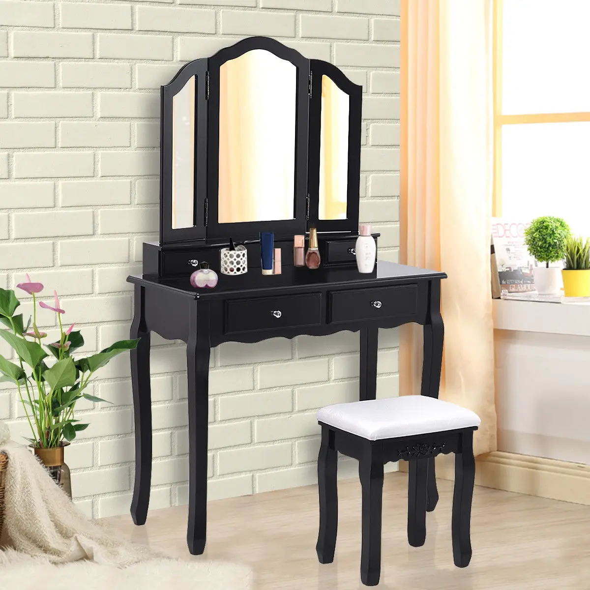 Giantex Black Tri Folding Mirror Vanity Makeup Dressing Table Stool Giantex Black Tri Folding Mirror Vanity Makeup Dressing Table Stool Set Modern Home Bedroom Furniture With 4 Drawers Hw55563bk In Dressers From On