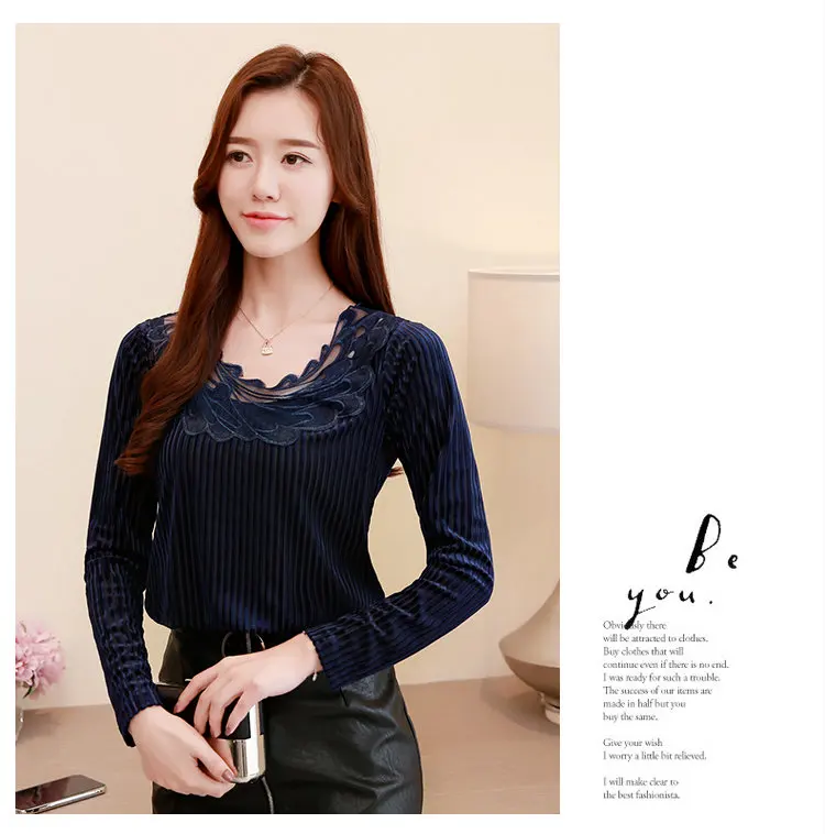 Winter Lace Patchwork Velour Blouse Women Plus Size Tops Ladies Casual Long Sleeve Femme Shirt Autumn Terciopelo Blusas Mujer (9)