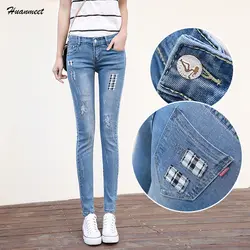 Huanmeet новый бренд обтягивающие джинсы женская мода Рваные джинсы Брюки для девочек лоскутное Дизайн тонкий Для женщин джинсовые штаны