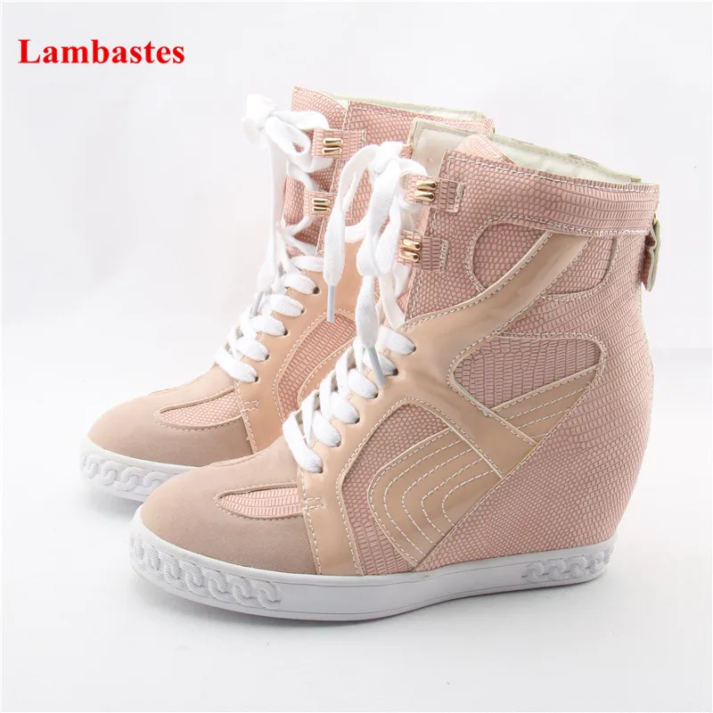 

Pink Round Toe Cross-Tied Cut Out Feminino Pumps Height Increasing Lace Up Snake Pattern Casual Shoes Spring Autumn Zipper Shoes