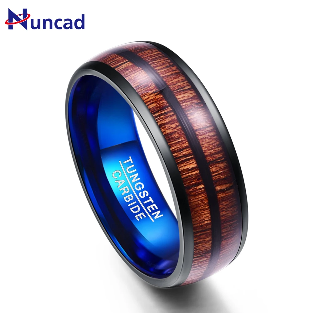 Comprar Nuncad anillos de carburo de tungsteno de 8MM de ancho, cúpula negra y azul, anillos de tungsteno, anillo de tungsteno de doble ranura con incrustaciones de madera de Acacia