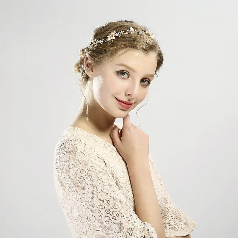 Ободок для волос с золотым листом ободок цветным пресноводного жемчуга|pearl wedding