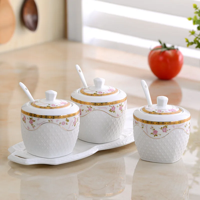 3pcsSet Seasoning Pot White Ceramic Sugar Bowl With Glass Cover Ceramic