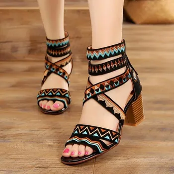 

Sandals female summer 2019 new Roman sandals female Bohemian retro embroidered Women sandals large size high heel Women Shoe