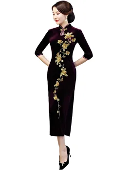 

Shanghai Story 2019 New Sale Chinese Oriental Dress Velvet Qipao Long Chinese Cheongsam Floral Embroidery Qipao For Women