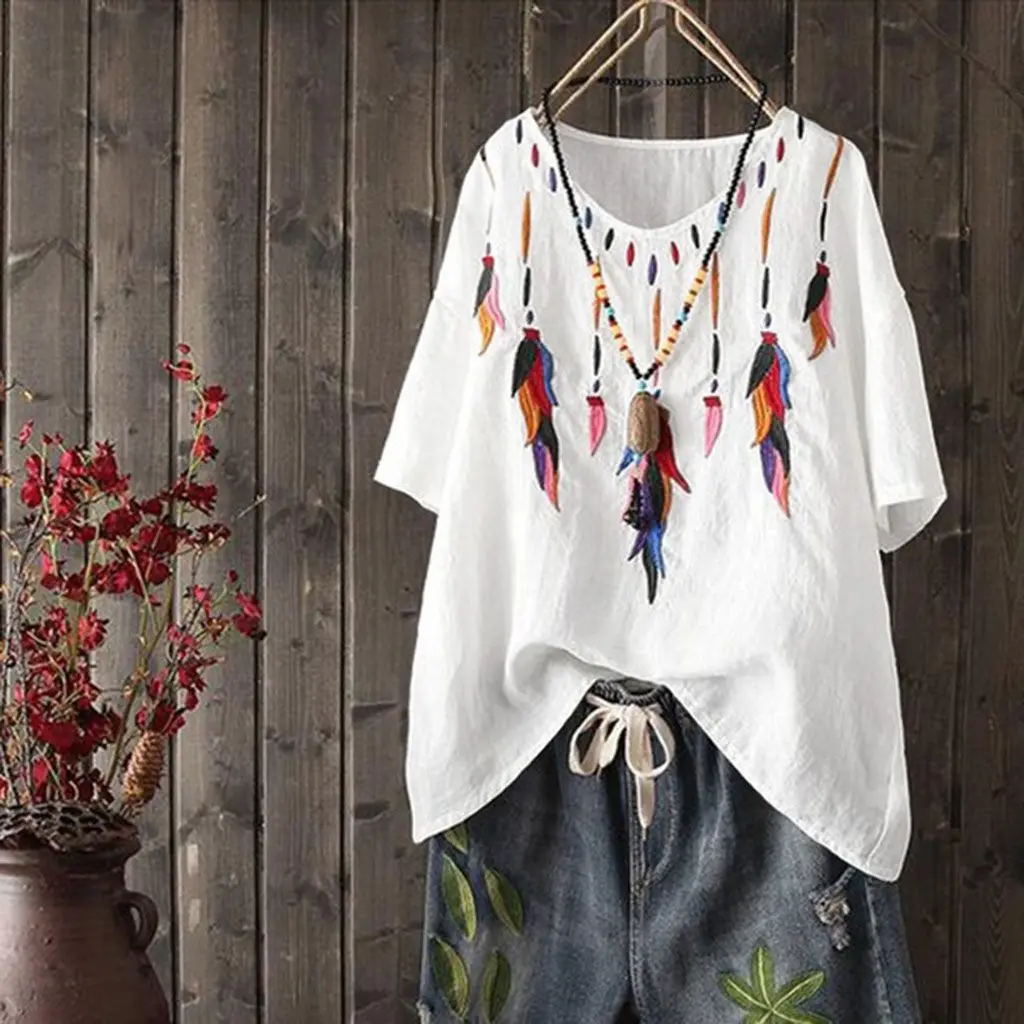 

Summer Loose T Shirt Women Short Sleeve Embroidery Tops Plus Size Cotton Line Vintage Tshirt