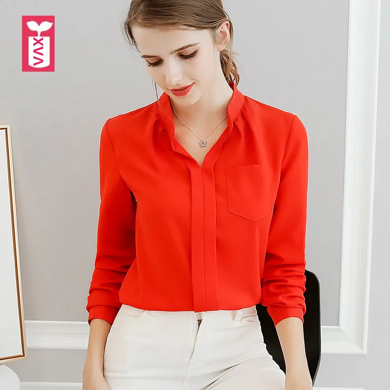 Drop Ship Office Lady V neck Red Blouse Womens Long Sleeve White Shirts ...