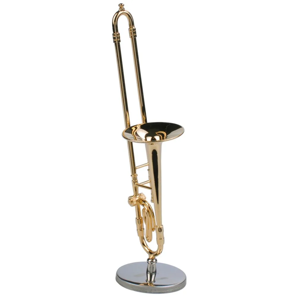 

TSAI Mini Trombone With Stand Base Musical Instruments Fine Goldplated Craft Miniature Trombone Home Decoration Ornament New
