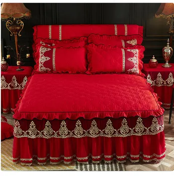 

Thicker Warm Red Wedding Bedspread Fitted Sheet Pillowcases Cotton 1/3pcs Solid Princess Lace Bedding Bed skirt King Queen Size33