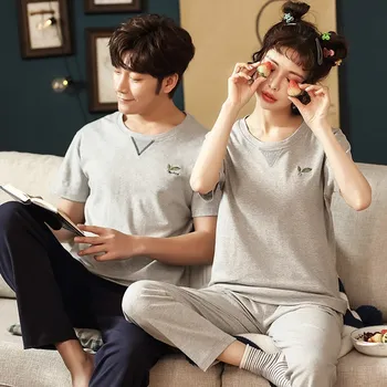 

Women's Pajamas Summer Cotton Lovers Sleep Pyjamas Men and Women Matching Pajamas Set Short sleeve trousers sleepwear