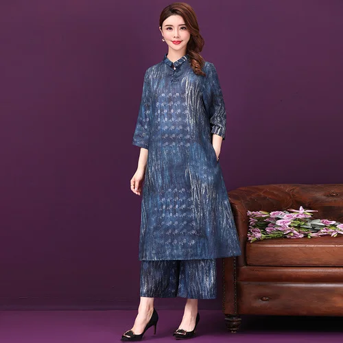 

2019 Spring Summer Big Code Silk Printed Women Dress New Style Elegant Temperament Female Wide Legged Trousers Two Piece Dresses
