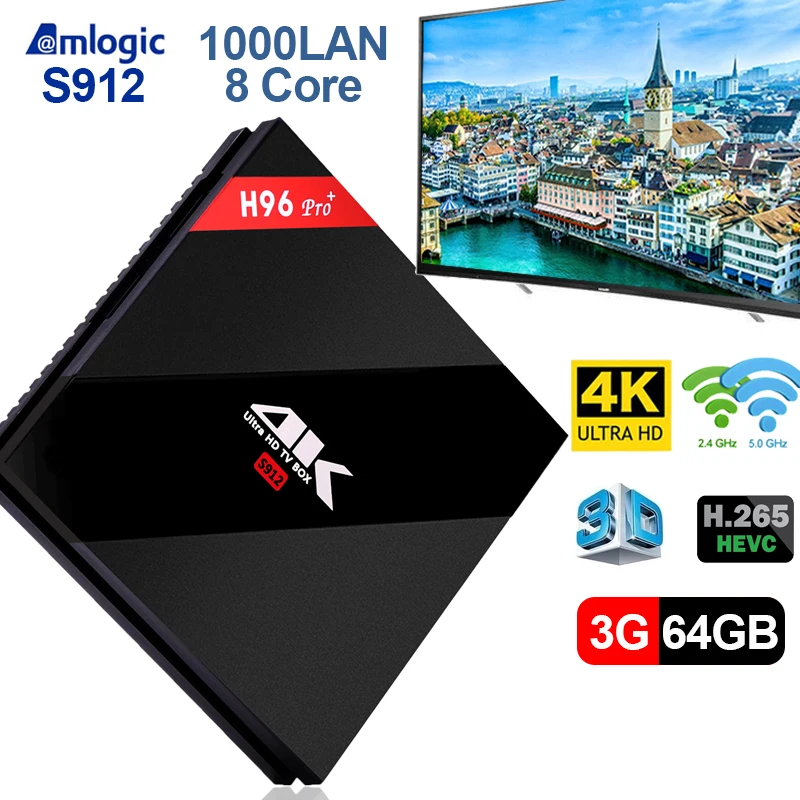 H96 PRO + Plus Smart TV Box Amlogic S912 Octa Mali-T820MP3 GPU 3G/64G Android 7 1 de 2 4g/5 8 GHz Wifi Bluetooth телеприставка |