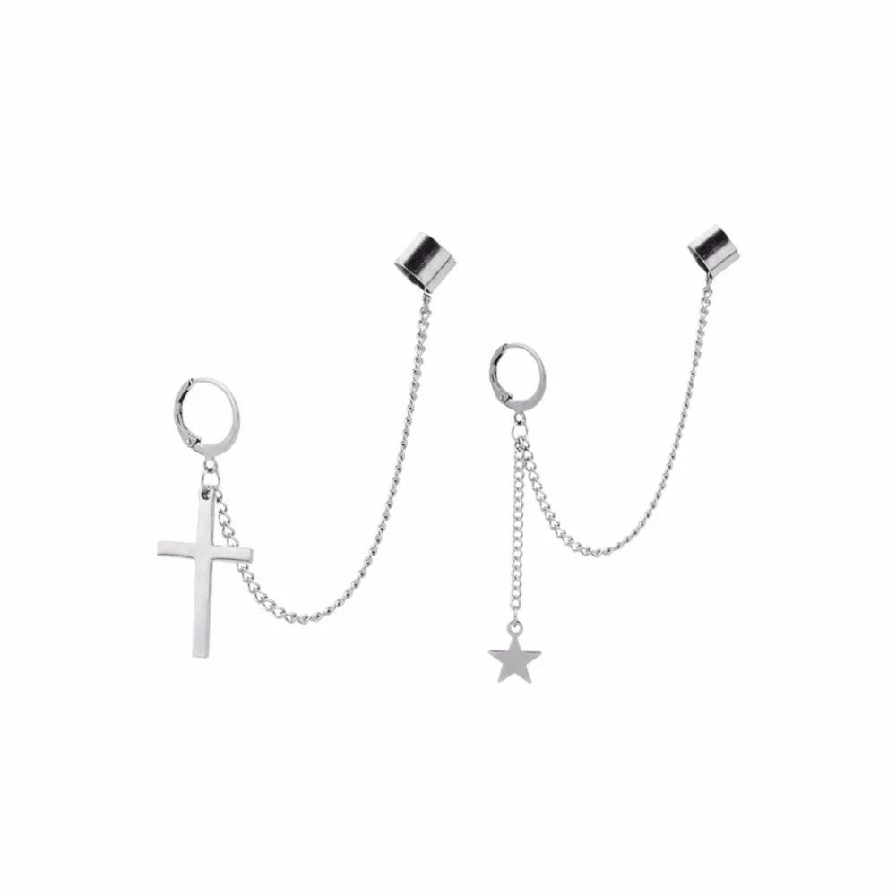 

Stainless Steel Ear Cuffs Dangle Chain Earrings Cross Star Pendant Ring Hoop Set
