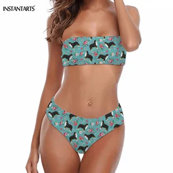 

INSTANTARTS Sexy Two Piece Bikini Set Bernese Mountain Dog Flower Print Woman Summer Swimwear Strapless Swimsuits for Women Wear