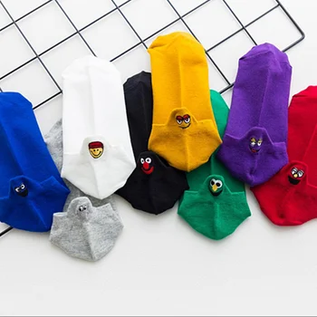 

2019 New Unisex Candy Color Creative Cute Cartoon Embroidery Expression Boat Socks Fashion Cotton Breathable Ankle Socks Summer