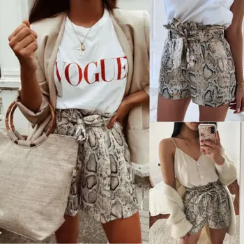 

Women's Snake Skin Shorts High Waisted Stylish Tie Belt Short pants Ladies' New Fashionable Summer Short Trousers Hot Selling