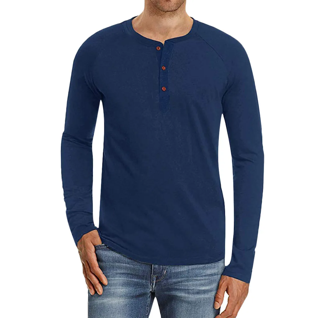 

2019 New Spring Vintage T Shirt Men Long Sleeve Pure Color Button T Shirt Men Casual Slim Fit Camisetas Hombre