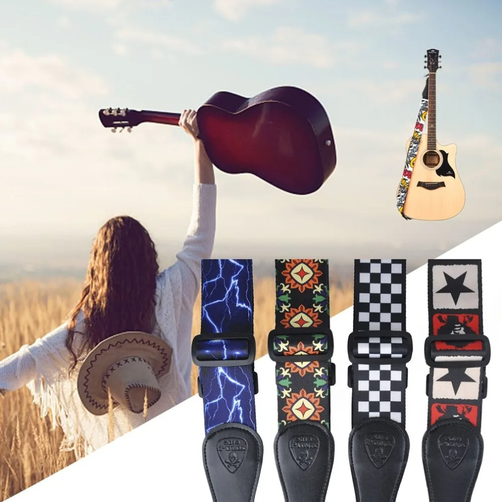 

Vintage Flowers Stripes Acoustic Electric Guitar Strap Woven Embroidery Fabrics Leather Ends Strap Guitar Accessories