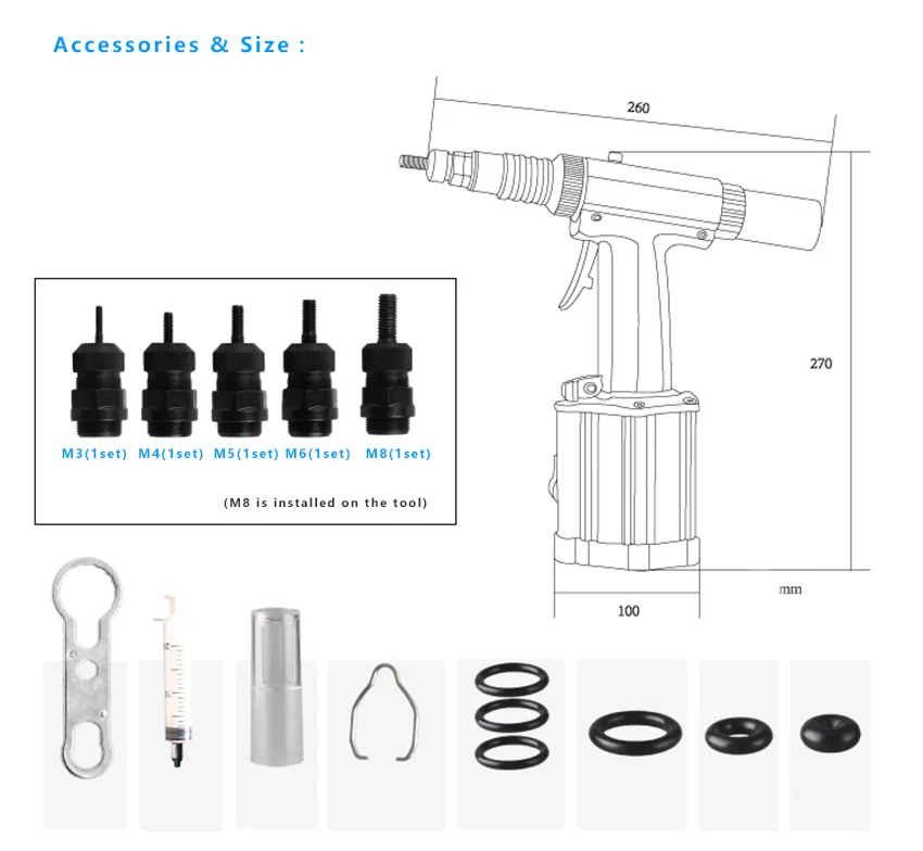 Пневматический гидравлический пистолет с заклепками M2308, пневматический клепальщик, инструмент для клепки, M3-M8, автоматический/регулируемый ход/светильник