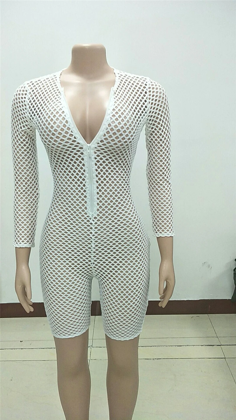Adogirl Hollow Out Fishnet Jumpsuit Women Sexy Zipper V Neck 3/4 Sleeve Summer Shorts Romper Beach Playsuit Night Club Bodysuits