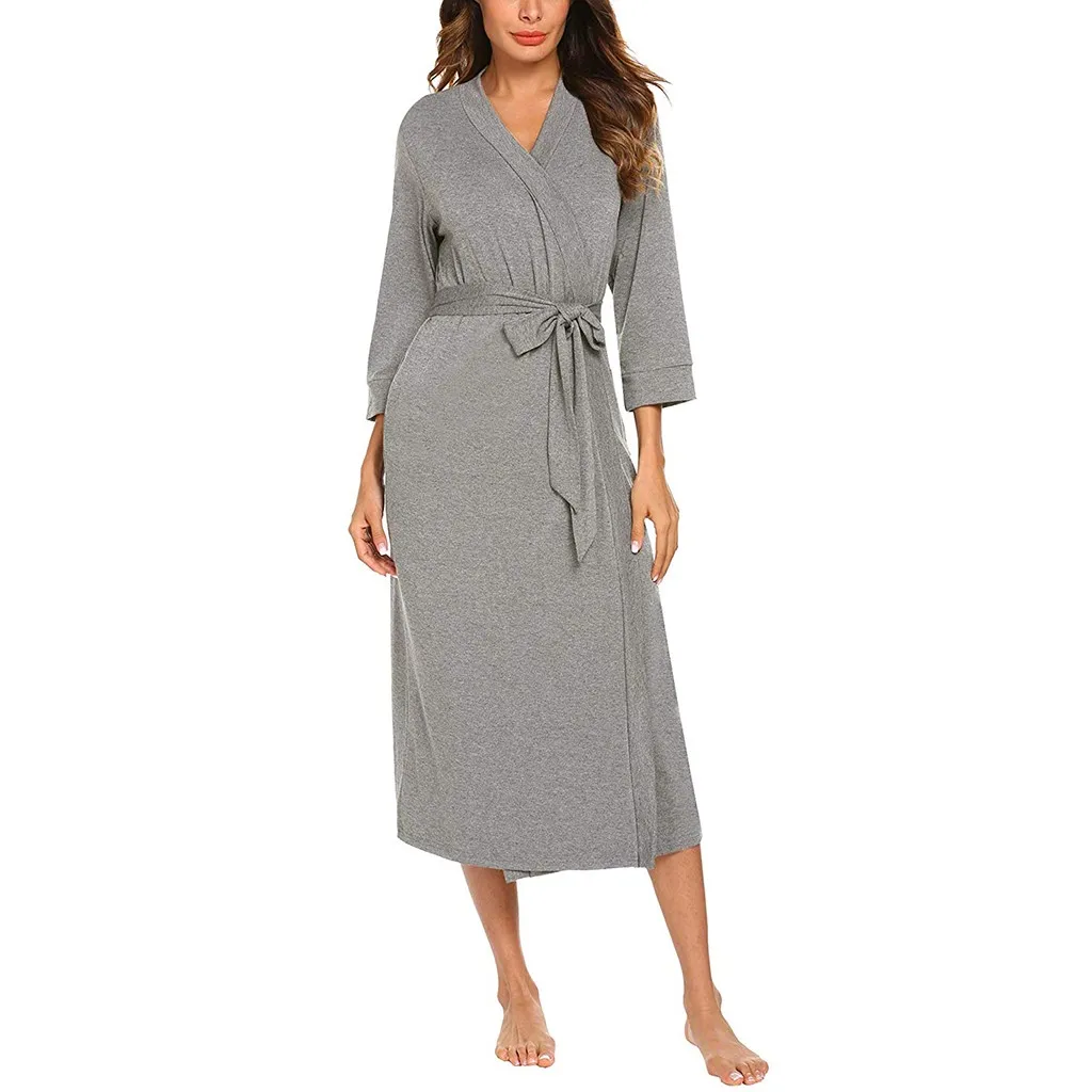 MUQGEW women nightwear sexy long bathrobe cotton Women's 4/3 Sleeve V-neck Lightweight With Belt Long Robe Bathrobe Sleepwear#g3