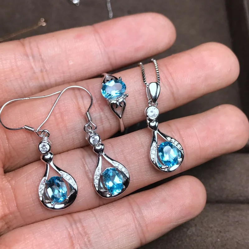 MeiBaPJ Natural Blue Topaz Jewelry Set 925 Pure Silver Ring Earrings