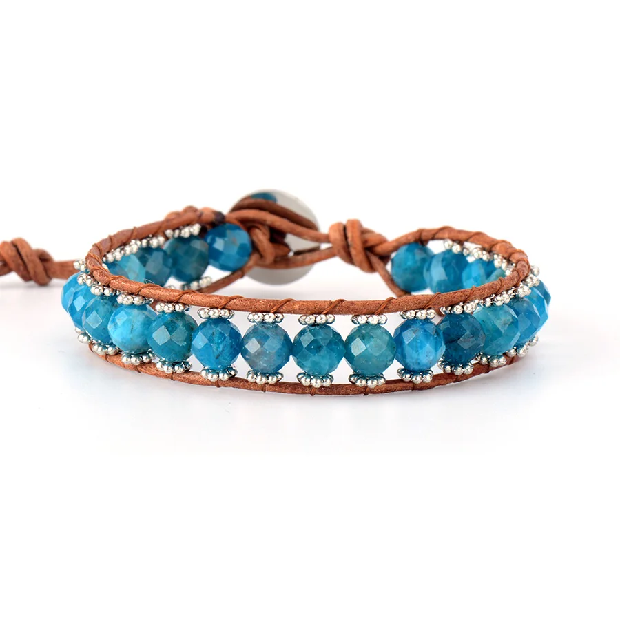 

New Design Bracelet Jewelry Faceted Apatite Stone Single Leather Wrap Bracelet Bestfriend Gift Women Beads Bracelets
