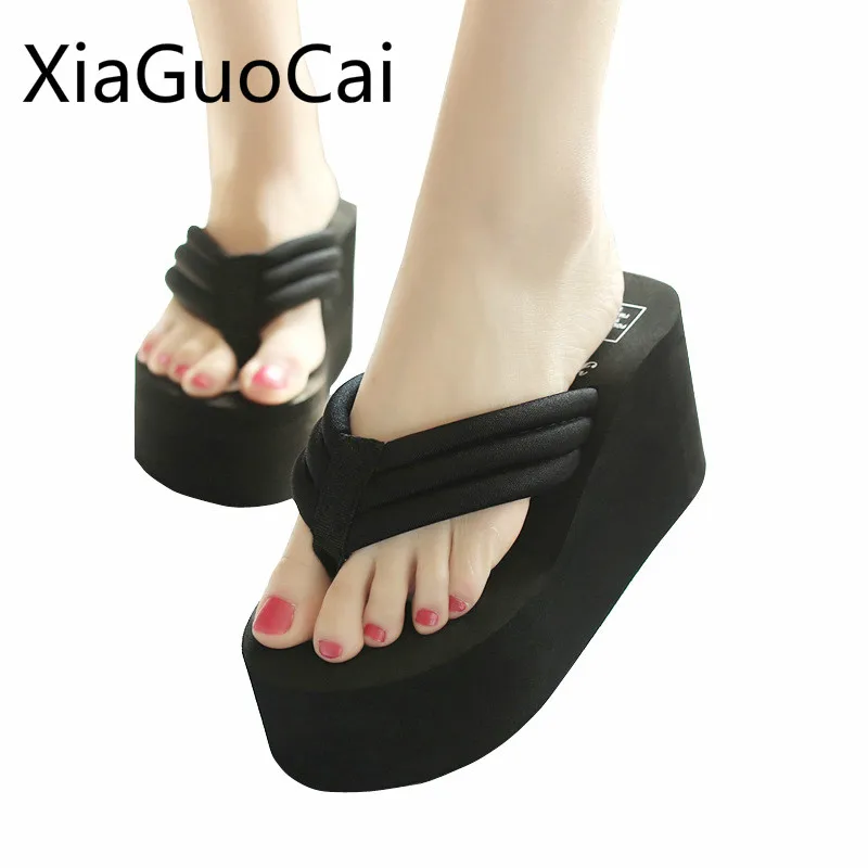 

8cm High Heel Women Slippers Fashion Non-slip Female Flip Flops Ladies Solid Color Beach Wedges Slippers