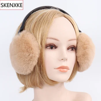 

Winter Women Handmade Genuine Rex Rabbit Fur Earmuffs Lady Warm Rex Rabbit Fur Plush Ear Muff Fluffy 100% Natural Fur Earlaps