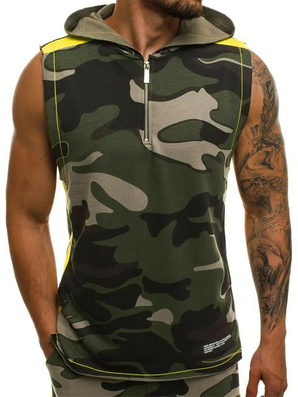 Для мужчин Спорт Бодибилдинг майка для мускулистых мужчин короткий топ для фитнеса Тренажерный зал рубашка без рукавов Футболка камуфляж капюшон молния v-образным вырезом Жиле