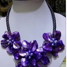 Очень хорошо Потрясающий Кварцевые Классический белый барокко культивированный жемчуг оболочки фиолетовый цветок кожа ожерелье Природного серебра частоты