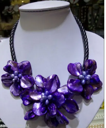 

very good Stunning Quartz Classic white baroque cultured pearl shell purple flower leather necklace Natural silver wholesale fre