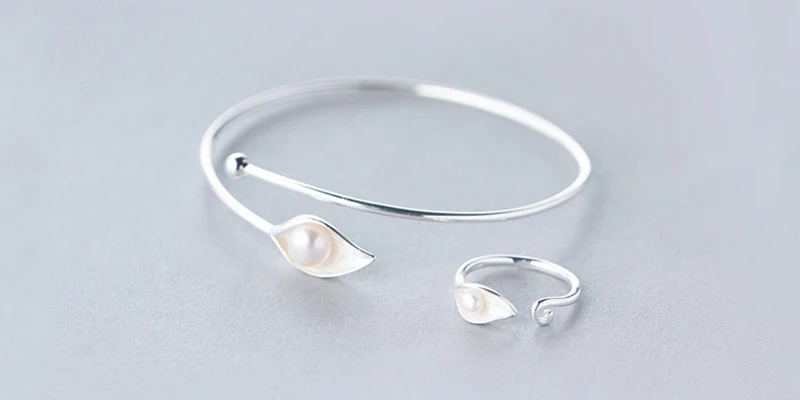 100% 925 Sterling Silver Shell Beads Calla Flower Bracelet Bangle For Women Simple Fashion Party Jewelry
