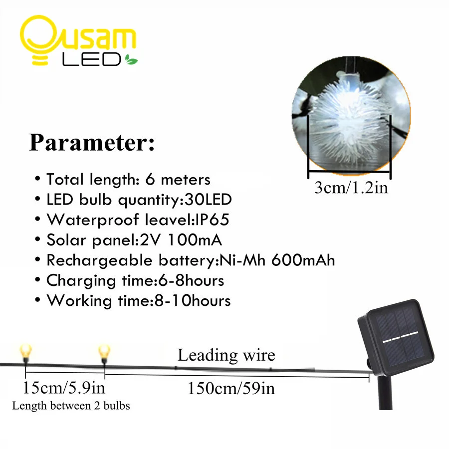 Billig Ousam LED Licht String 30LED 6Meter 8 Modi Solar String Lichter Schnee Ball Für Outdoor Weihnachten Garland Garten Dekoration