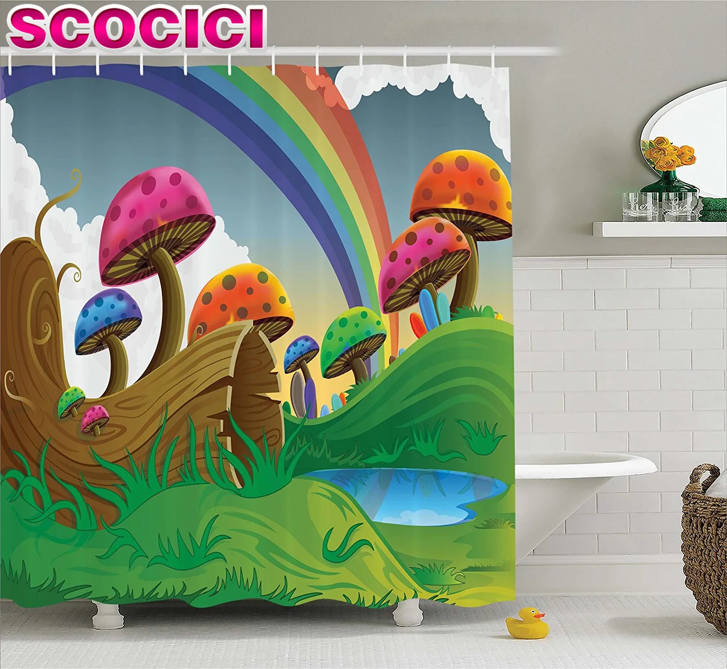 Mushroom Decor Shower Curtain Set Countryside Sunny Playful Environment