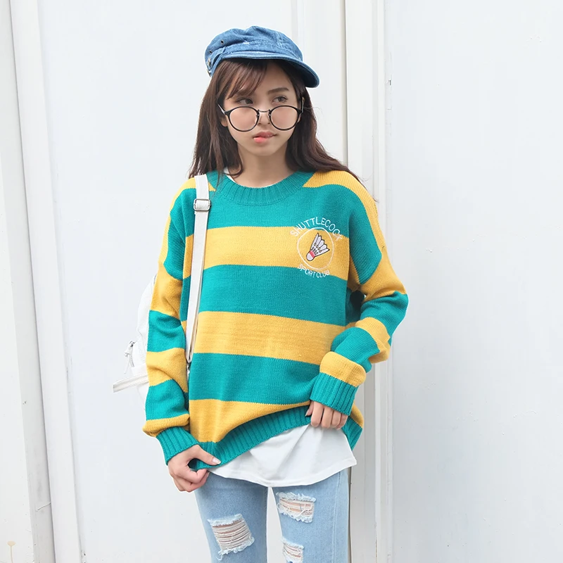 Harajuku women sweater 2018 korean new winter knitted sweaters cartoon embroidery candy-colored stripes loose pullover jumpers Harajuku women sweater 2018 korean new winter knitted sweaters cartoon embroidery candy-colored stripes loose pullover jumpers
