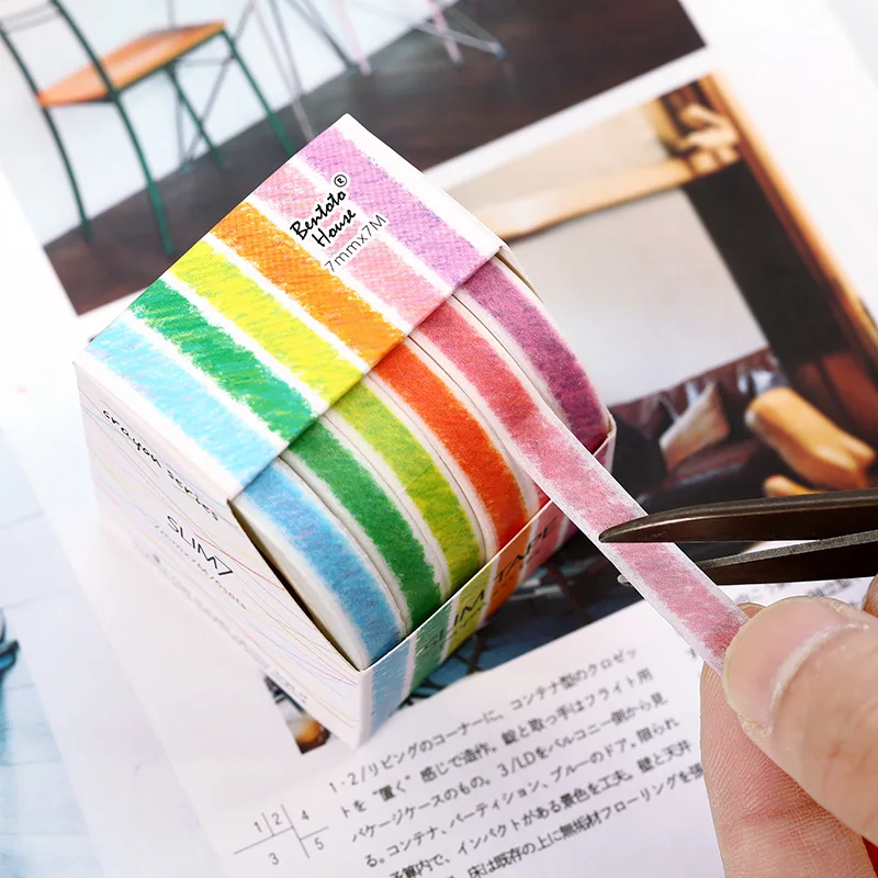 

6pcs Crayon Series Color Washi Tape Set Slim 7mm Adhesive Masking Tapes Stickers Decoration Journal Album notebook markerF934